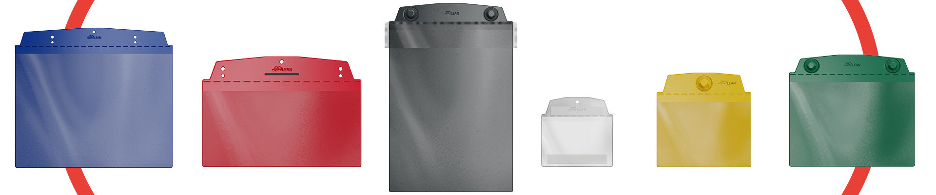 Sichttaschen von spLEAN und senne products in verschiedenen Farben – robuste Industrie-Kennzeichnungstaschen für Visual Management.